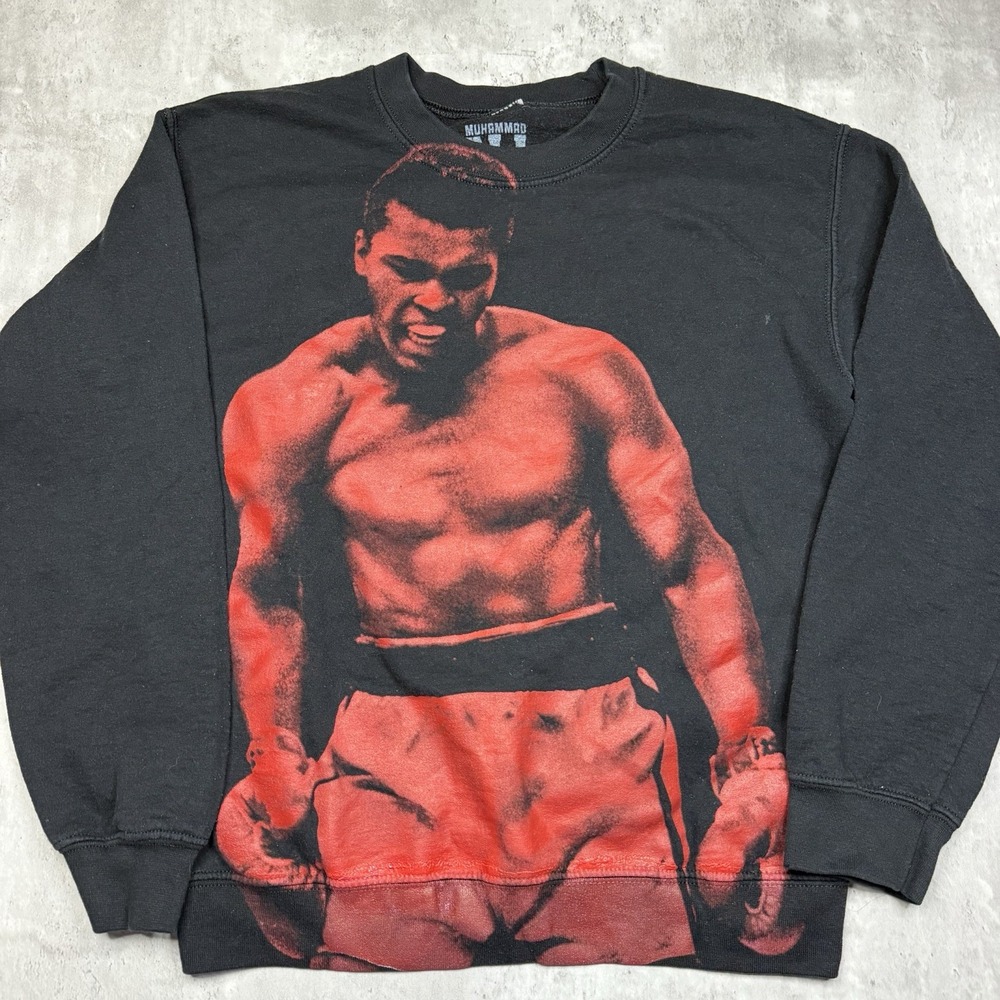 Muhammad Ali Big Print Crewneck Pullover Black Size Small Boxing Fleece Lined